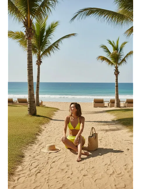 Kadın Fosforlu Şortlu Belden Ve Boyundan Bağlamalı Bikini Takımı Kadın Fosforlu Şortlu Belden Ve Boyundan Bağlamalı Bikini Takımı