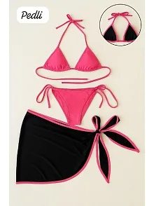 Kadın Fuşya Siyah Pareolu Yandan Ve Boyundan Bağlamalı 3'lü Bikini Takımı