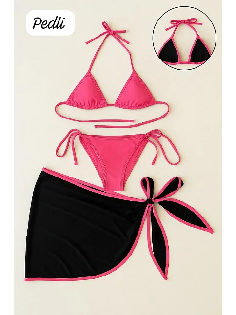 Kadın Fuşya Siyah Pareolu Yandan Ve Boyundan Bağlamalı 3'lü Bikini Takımı