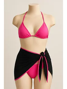 Kadın Fuşya Siyah Pareolu Yandan Ve Boyundan Bağlamalı 3'lü Bikini Takımı