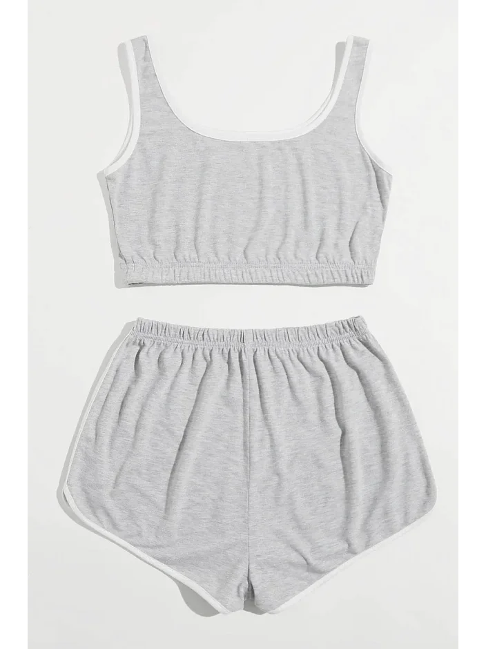 Kadın Gri Askılı Crop Top Ve Şortlu Gecelik Takım