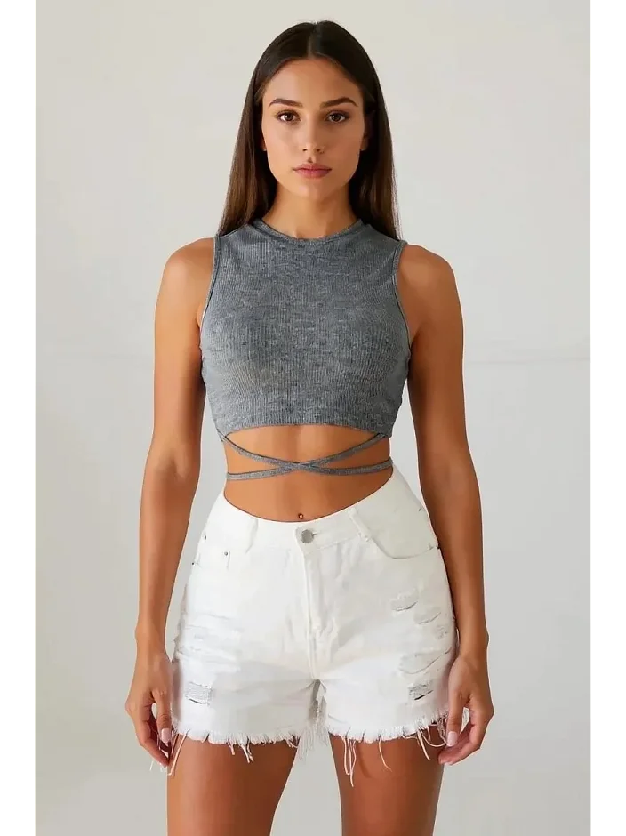 Kadın Gri Çapraz Bağlamalı Crop Top Büstiyer – Modern Ve Şık Tasarım
