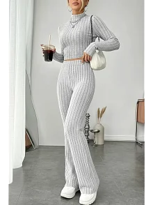 Kadın Gri Çizgili Boğazlı Crop Top Ve Yüksek Bel Pantolon Takım