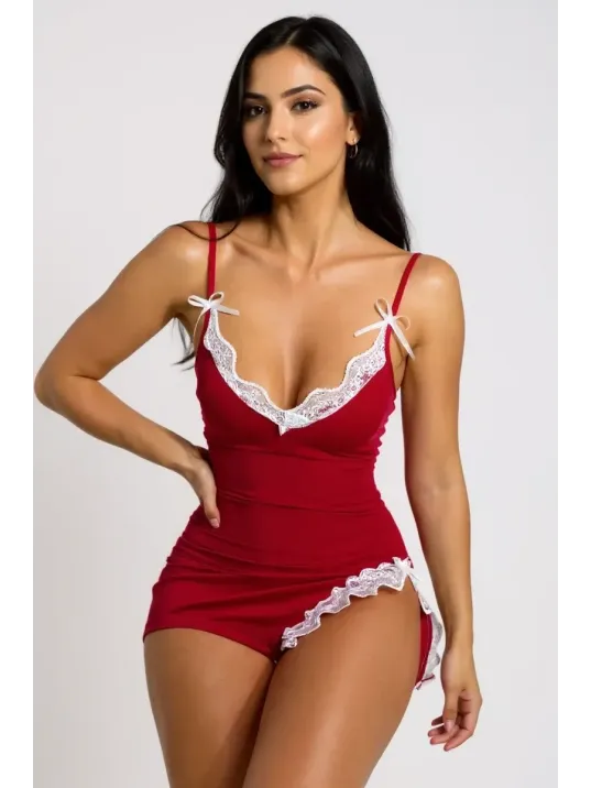 Kadın Kırmızı Bacak Yırtmaçlı Beyaz Dantelli Ve Fiyonklu Şık Gecelik – Modern Ve Şık Tasarım