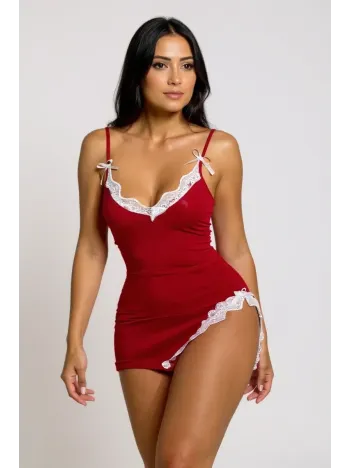 Kadın Kırmızı Bacak Yırtmaçlı Beyaz Dantelli Ve Fiyonklu Şık Gecelik – Modern Ve Şık Tasarım