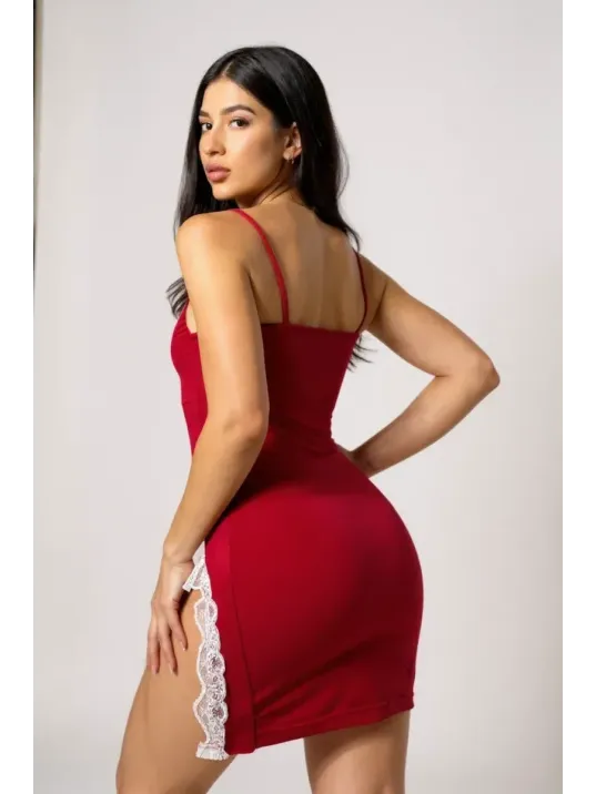 Kadın Kırmızı Bacak Yırtmaçlı Beyaz Dantelli Ve Fiyonklu Şık Gecelik – Modern Ve Şık Tasarım