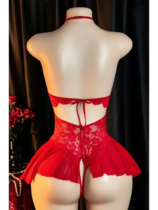 Kadın Kırmızı Dantel Ve Tül Detaylı Derin V Yaka Teddy Gecelik