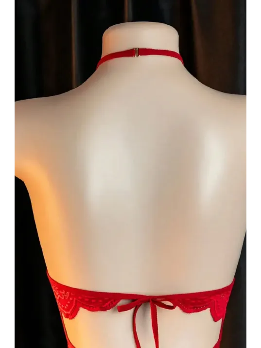 Kadın Kırmızı Dantel Ve Tül Detaylı Derin V Yaka Teddy Gecelik