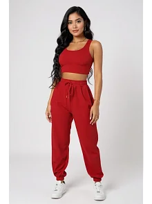Kadın Kırmızı Kaşkorse Cepli Jogger Eşofman Altı Ve Crop Top Bluz – Şık, Rahat Ve Kolay Kombinlenebilir