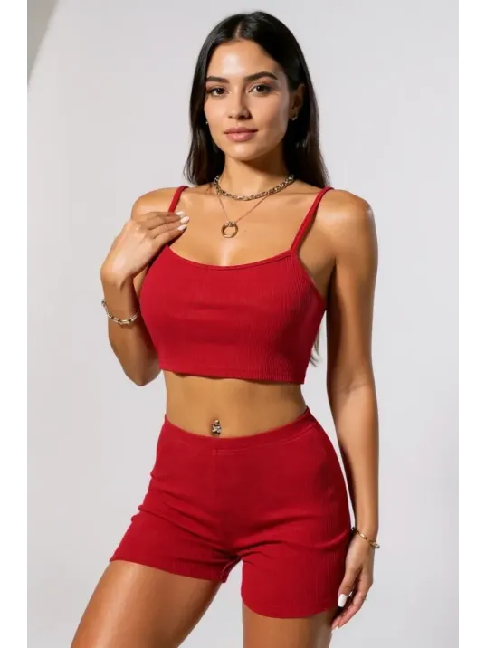 Kadın Kırmızı Şortlu Kaşkorse Gecelik Takım – Modern, Konforlu Ve Günlük Kombinlere Uygun