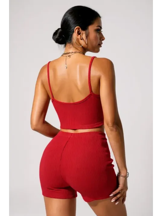 Kadın Kırmızı Şortlu Kaşkorse Gecelik Takım – Modern, Konforlu Ve Günlük Kombinlere Uygun