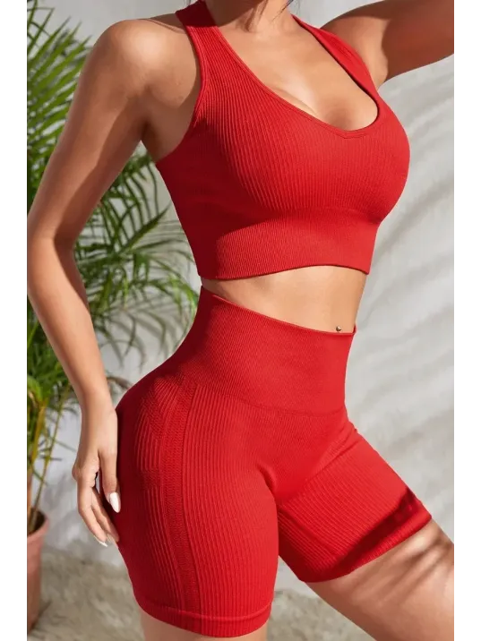 Kadın Kırmızı Yüksek Bel Çapraz Sırt Detaylı Şortlu Gecelik Takım – Modern, Konforlu Ve Günlük Kombinlere Uygun