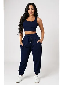 Kadın Lacivert Kaşkorse Cepli Jogger Eşofman Altı Ve Crop Top Bluz – Şık, Rahat Ve Kolay Kombinlenebilir