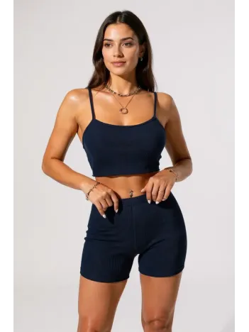 Kadın Lacivert Şortlu Kaşkorse Gecelik Takım – Modern, Konforlu Ve Günlük Kombinlere Uygun