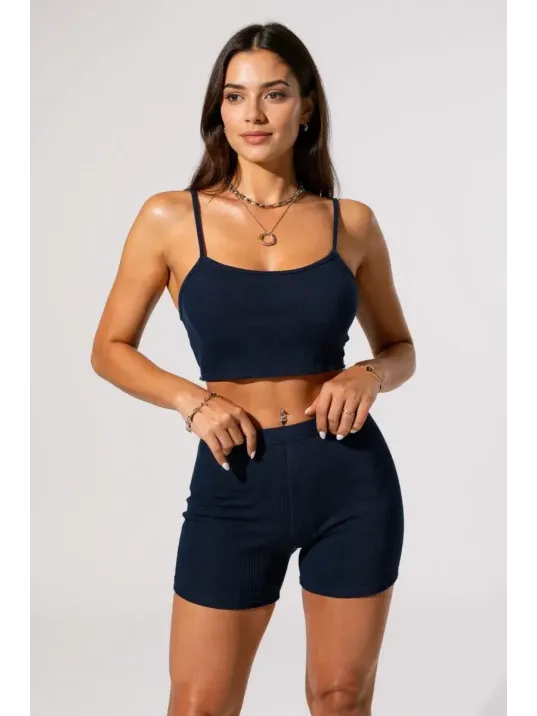 Kadın Lacivert Şortlu Kaşkorse Gecelik Takım – Modern, Konforlu Ve Günlük Kombinlere Uygun