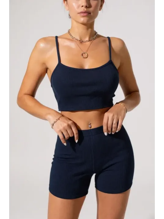 Kadın Lacivert Şortlu Kaşkorse Gecelik Takım – Modern, Konforlu Ve Günlük Kombinlere Uygun