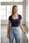 Kadın Lacivert Yarım Kol Düz Yaka Crop Top Bluz – Şık, Rahat Ve Kolay Kombinlenebilir
