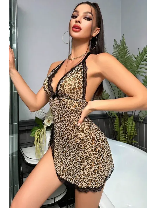 Kadın Leopar Desenli Derin V Yaka Dantel Detaylı Yırtmaçlı Gecelik – Modern Ve Şık Tasarım