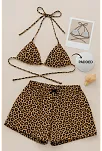 Kadın Leopar Desenli Şortlu Belden Ve Boyundan Bağlamalı Bikini Takımı Kadın Leopar Desenli Şortlu Belden Ve Boyundan Bağlamalı Bikini Takımı