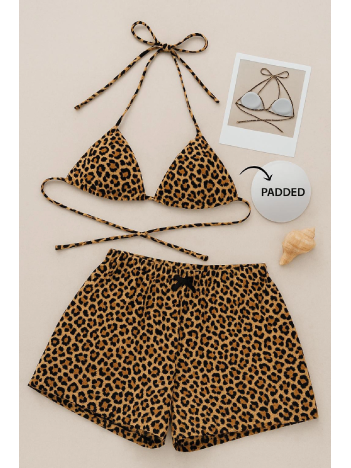 Kadın Leopar Desenli Şortlu Belden Ve Boyundan Bağlamalı Bikini Takımı