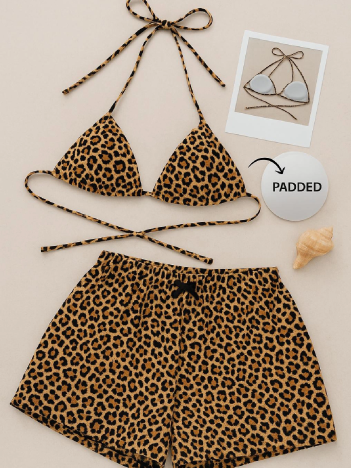 Kadın Leopar Desenli Şortlu Belden Ve Boyundan Bağlamalı Bikini Takımı