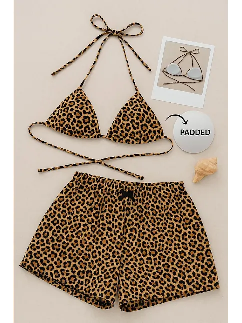 Kadın Leopar Desenli Şortlu Belden Ve Boyundan Bağlamalı Bikini Takımı Kadın Leopar Desenli Şortlu Belden Ve Boyundan Bağlamalı Bikini Takımı