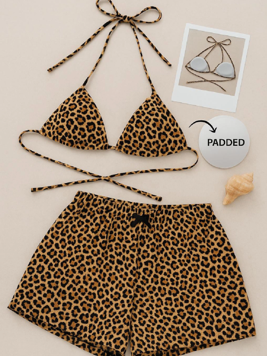 Kadın Leopar Desenli Şortlu Belden Ve Boyundan Bağlamalı Bikini Takımı