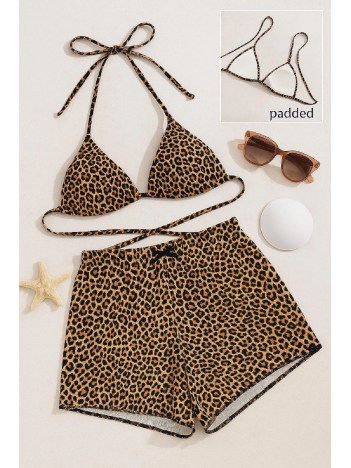 Kadın Leopar Desenli Şortlu Belden Ve Boyundan Bağlamalı Bikini Takımı