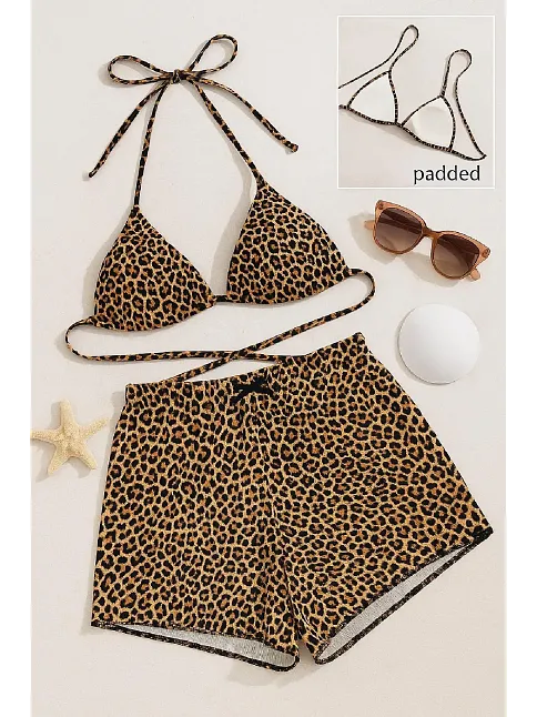 Kadın Leopar Desenli Şortlu Belden Ve Boyundan Bağlamalı Bikini Takımı Kadın Leopar Desenli Şortlu Belden Ve Boyundan Bağlamalı Bikini Takımı