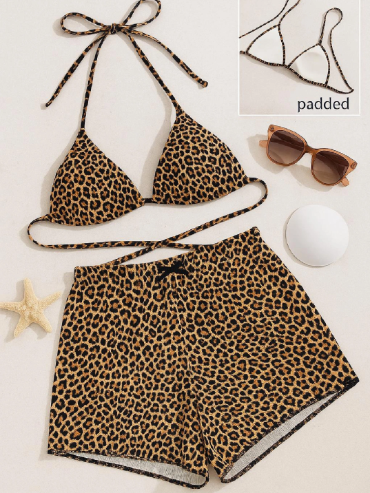 Kadın Leopar Desenli Şortlu Belden Ve Boyundan Bağlamalı Bikini Takımı