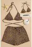 Kadın Leopar Desenli Şortlu Belden Ve Boyundan Bağlamalı Bikini Takımı Kadın Leopar Desenli Şortlu Belden Ve Boyundan Bağlamalı Bikini Takımı