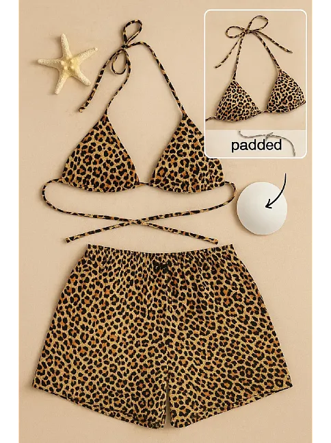 Kadın Leopar Desenli Şortlu Belden Ve Boyundan Bağlamalı Bikini Takımı Kadın Leopar Desenli Şortlu Belden Ve Boyundan Bağlamalı Bikini Takımı