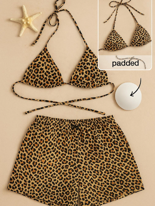 Kadın Leopar Desenli Şortlu Belden Ve Boyundan Bağlamalı Bikini Takımı