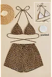 Kadın Leopar Desenli Şortlu Belden Ve Boyundan Bağlamalı Bikini Takımı Kadın Leopar Desenli Şortlu Belden Ve Boyundan Bağlamalı Bikini Takımı