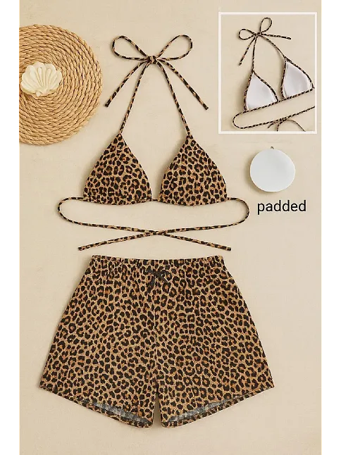 Kadın Leopar Desenli Şortlu Belden Ve Boyundan Bağlamalı Bikini Takımı Kadın Leopar Desenli Şortlu Belden Ve Boyundan Bağlamalı Bikini Takımı