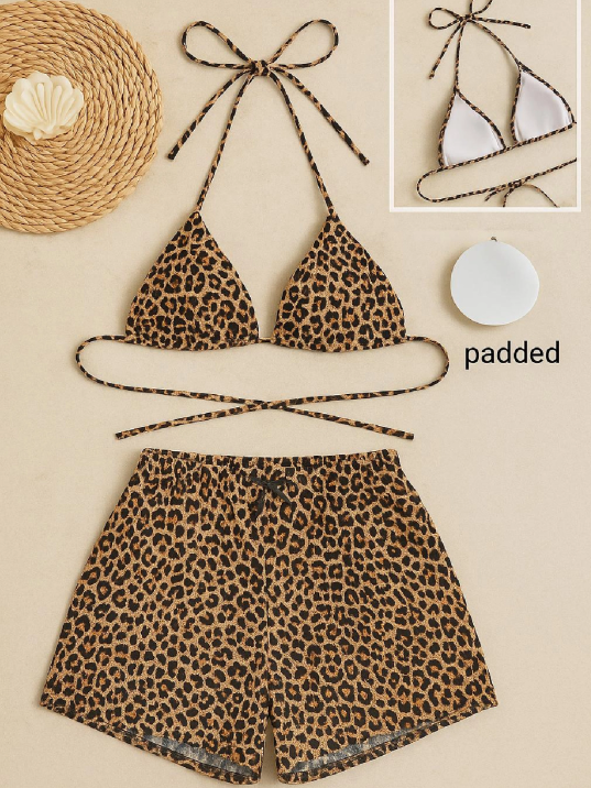 Kadın Leopar Desenli Şortlu Belden Ve Boyundan Bağlamalı Bikini Takımı