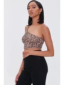 Kadın Leopar Desenli Tek Omuz Crop Büstiyer