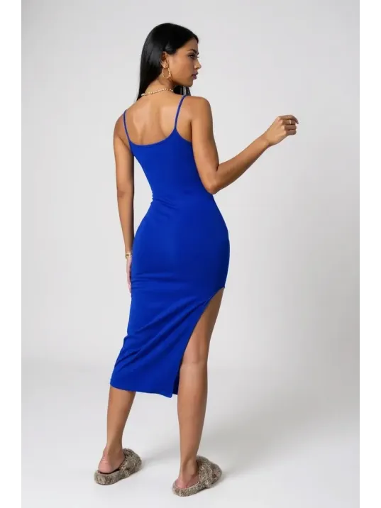 Kadın Mavi Yırtmaçlı Diz Altı Vücüdu Saran Gecelik