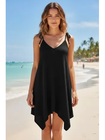 Kadın Siyah Asimetrik Kesim V Yaka Plaj Elbisesi