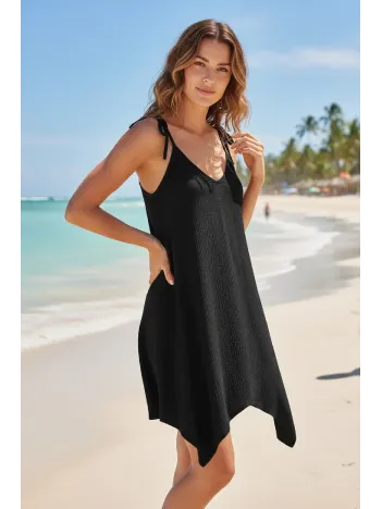 Kadın Siyah Asimetrik Kesim V Yaka Plaj Elbisesi