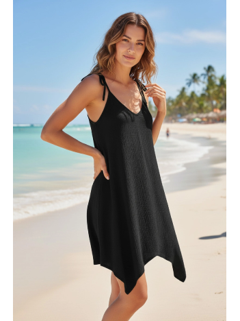 Kadın Siyah Asimetrik Kesim V Yaka Plaj Elbisesi