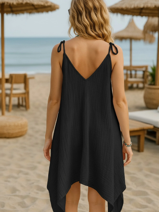 Kadın Siyah Asimetrik Kesim V Yaka Plaj Elbisesi