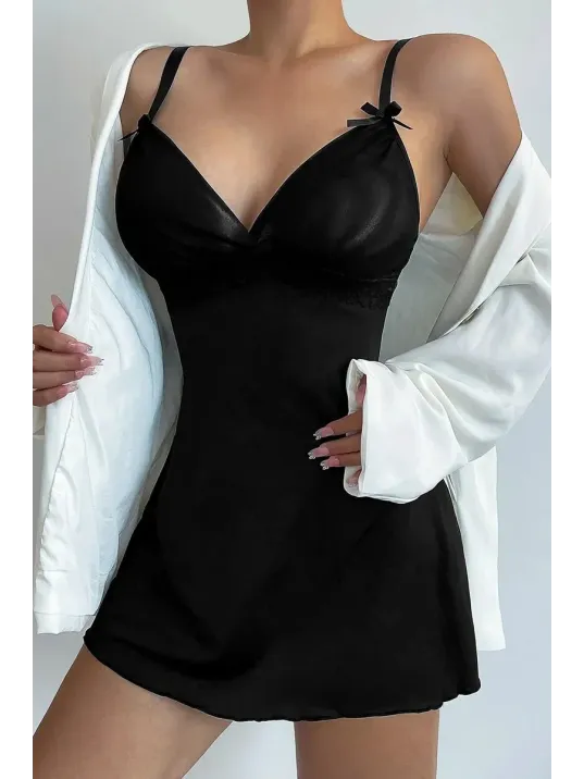 Kadın Siyah Askılı Beli Dantelli Göğsü Fiyonklu Şık Gecelik – Modern Ve Şık Tasarım