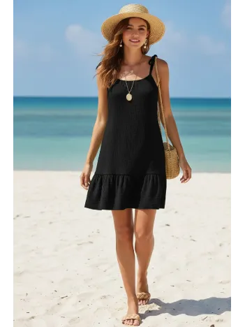 Kadın Siyah Askılı Bol Kesim Fırfırlı Plaj Elbisesi