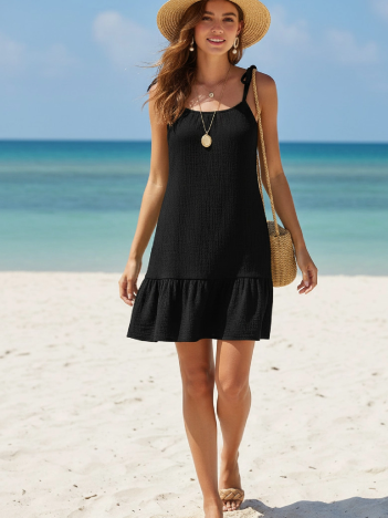 Kadın Siyah Askılı Bol Kesim Fırfırlı Plaj Elbisesi