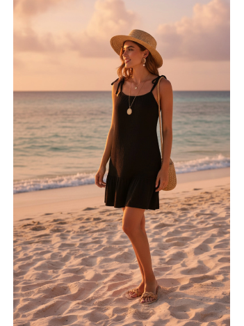 Kadın Siyah Askılı Bol Kesim Fırfırlı Plaj Elbisesi