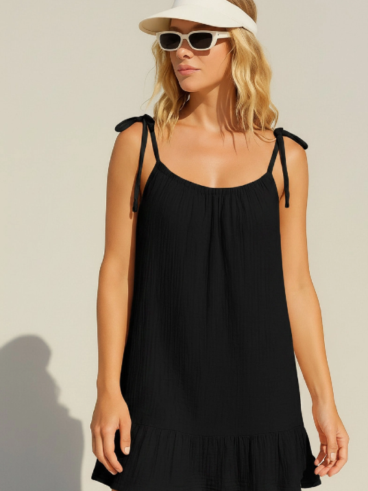Kadın Siyah Askılı Bol Kesim Fırfırlı Plaj Elbisesi