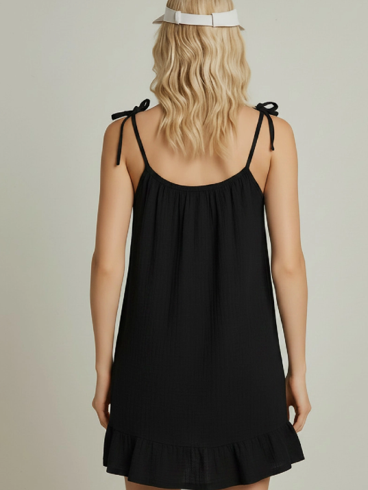 Kadın Siyah Askılı Bol Kesim Fırfırlı Plaj Elbisesi
