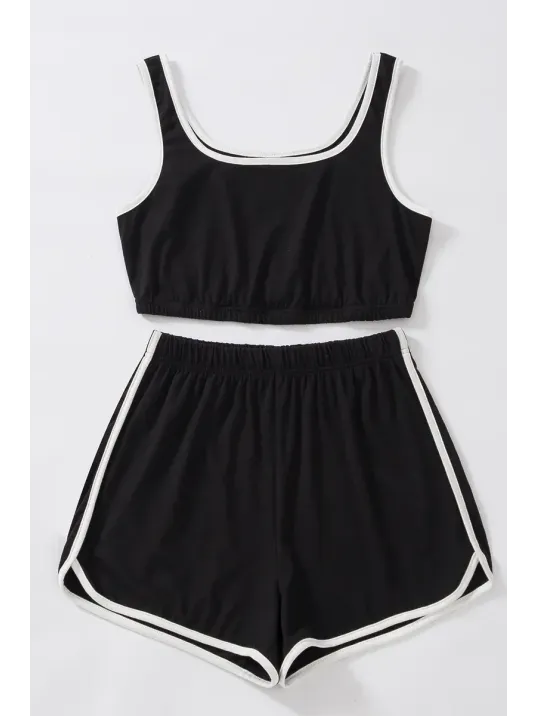 Kadın Siyah Askılı Crop Top Ve Şortlu Gecelik Takım