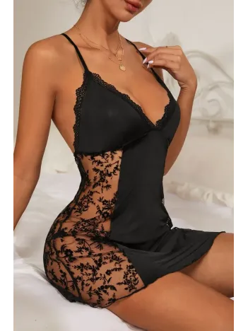 Kadın Siyah Çapraz Sırt Dekolteli Transparan Dantel Gecelik